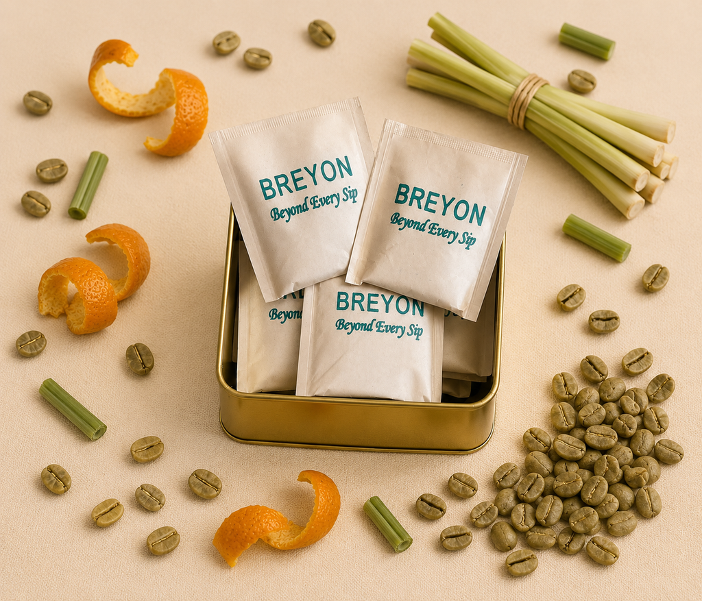 Breyon Green Coffee with Lemongrass, Orange Peel & Cinnamon – 30 Dip Bags (120g) | 100% Vegan | Metabolism Support