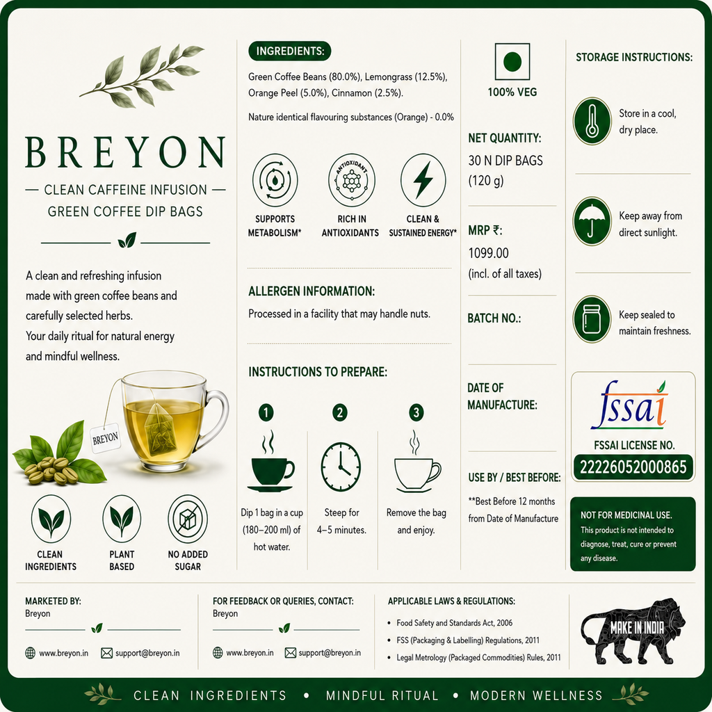 Breyon Green Coffee with Lemongrass, Orange Peel & Cinnamon – 30 Dip Bags (120g) | 100% Vegan | Metabolism Support